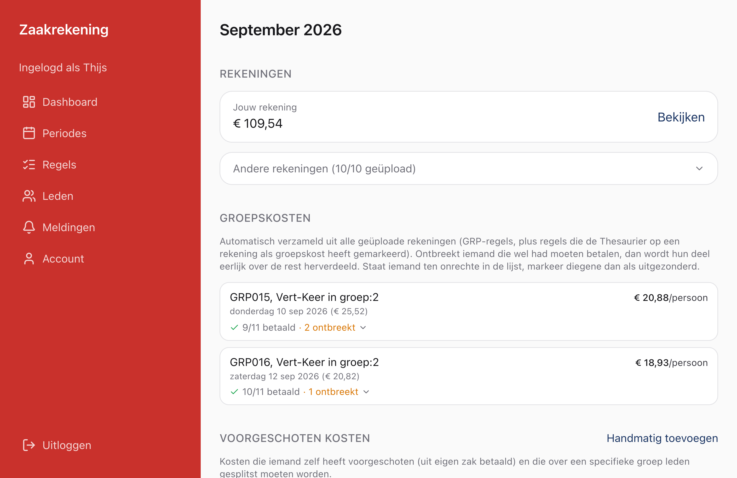 Periodeoverzicht met groepskosten en voorgeschoten kosten