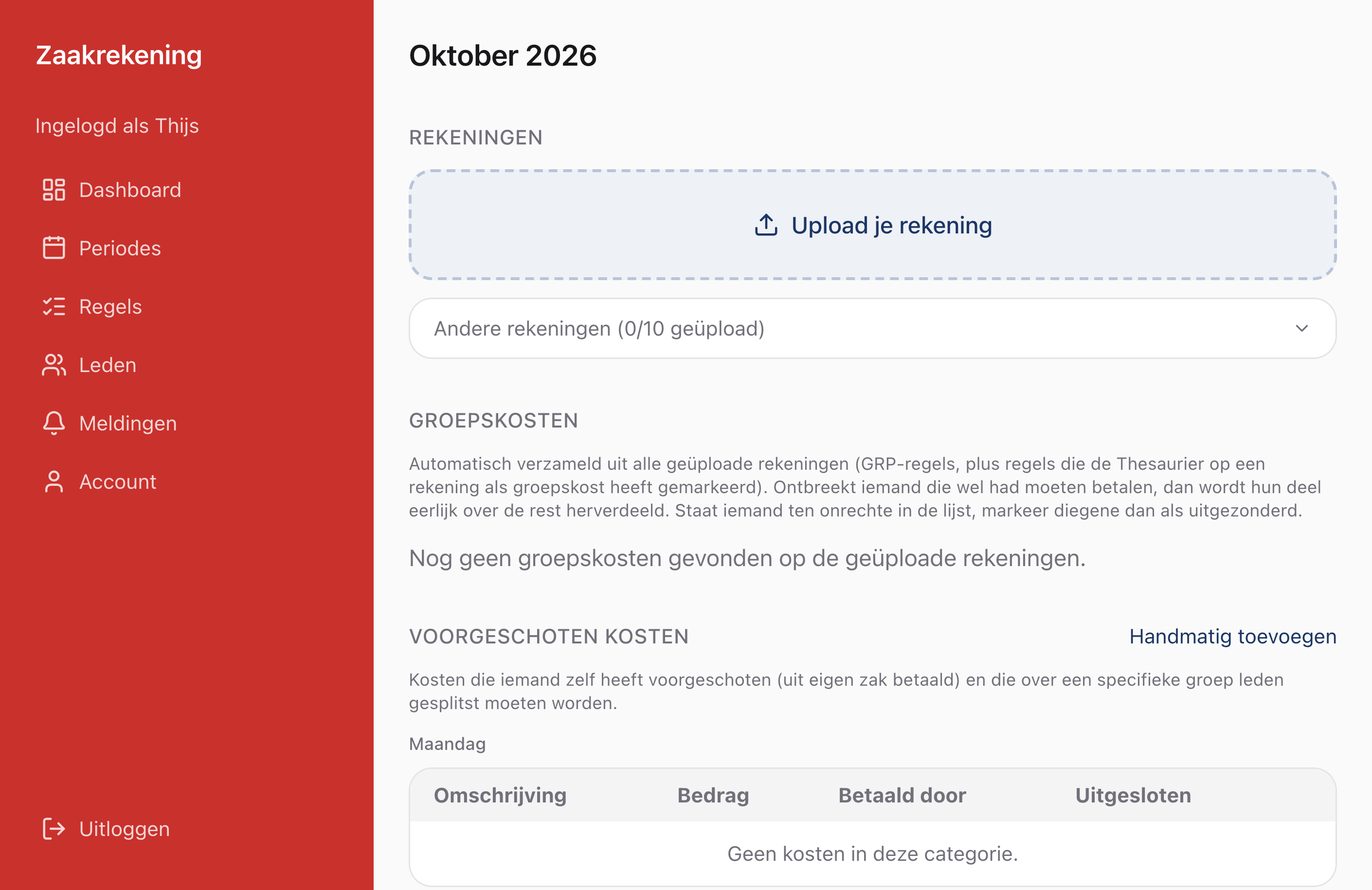 Periode op de website met de uploadknop voor de Zaakrekening