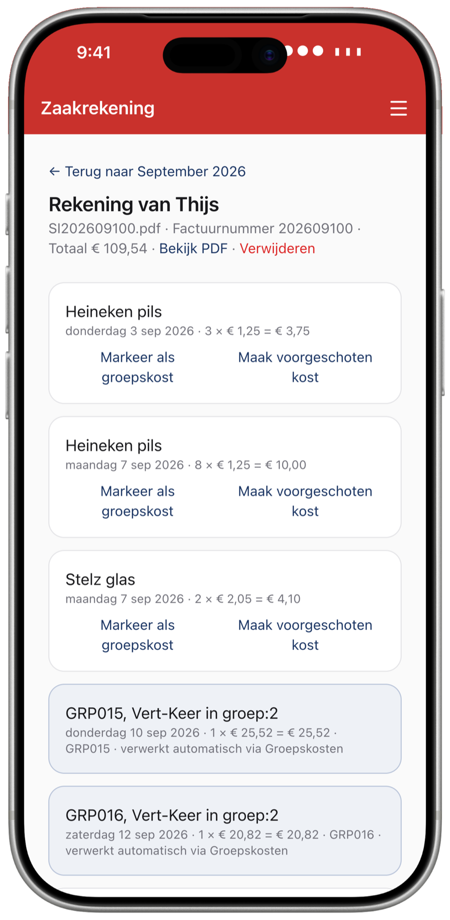 Zaakrekening in de app